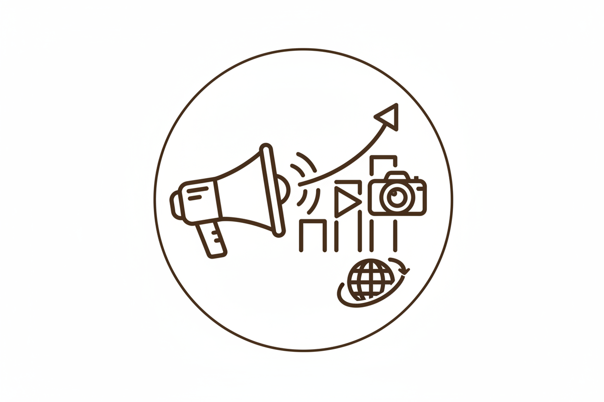 marketing és média ikon háttér nélkül, sötét barna körvonalas